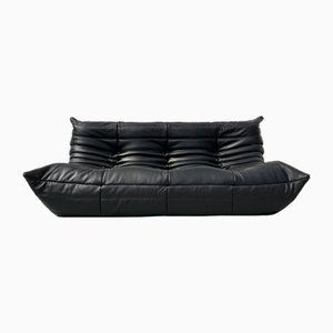 Sofá Togo de cuero negro de Michel Ducaroy para Ligne Roset, Francia, años 70