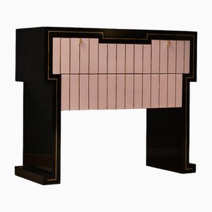 Mid-Century Black Wood and Pink Glass and Brass Commode and Chest of Drawers, 1980s