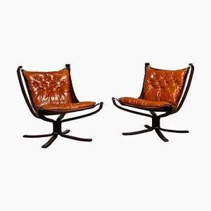 Falcon Chairs in Brown Leather by Sigurd Ressell for Vatne Furniture, Norway, 1970s, Set of 2