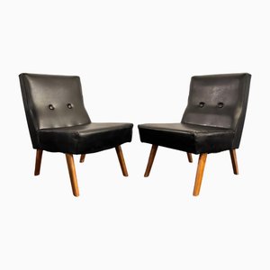 French Black Leather Easy Day Chairs with Oak Jeanneret Legs, 1950, Set of 2