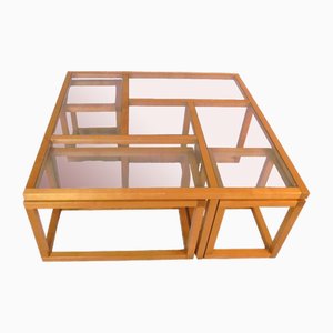 Wooden and Composable Glass Coffee Table, Set of 4