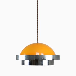 Italian Space Age Orange and Chrome Metal Pendant Lamp, 1970s