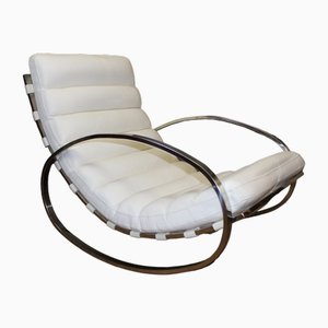 Chrome and White Leather Rocking Armchair, 1980s