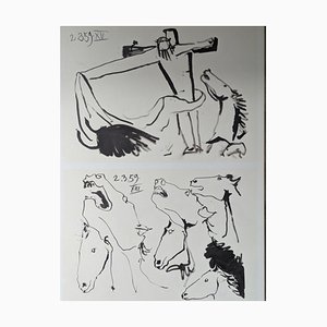 Lithographie Originale Recto-Verso, Pablo Picasso, Christ en Croix et Chevaux, 1961