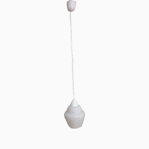 Lampada da soffitto piccola con paralume in vetro bianco opaco su plastica bianca, anni '70