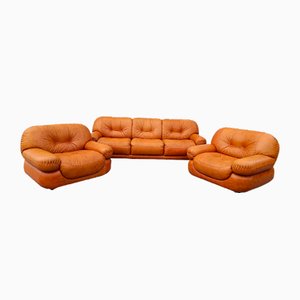 Cognac Leather Sofa and Armchairs by Sapporo for Mobil Girgi, Italy, 1970s, Set of 3