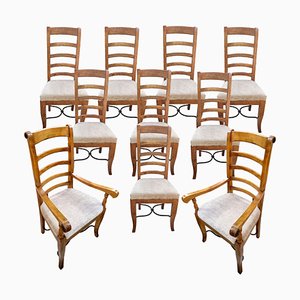 Vintage Spanish Walnut Dining Chairs in Wrought Iron, Set of 10