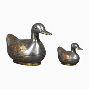 Ducks in Tin and Brass as Bowl with Lid, 1960s, Set of 2