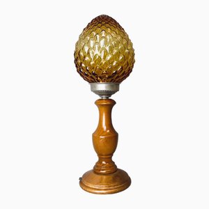 Mid-Century Rustic Portuguese Wooden Table Lamp with Amber Pine Cone Glass Lampshade, 1960s