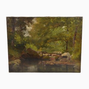 French Barbizon School Artist, Stream in the Woods, Oil on Canvas, 1892, Framed