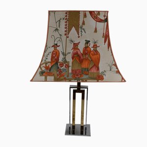 Table Lamp with Chromed Foot and Lampshade with Asian Decor, 1970s