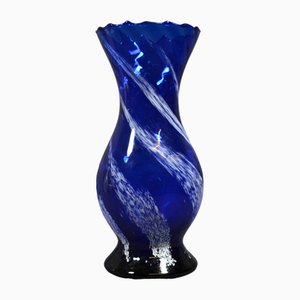 Vase Balustre en Verre de Murano Bleu avec Décor Lattimo, 1970s