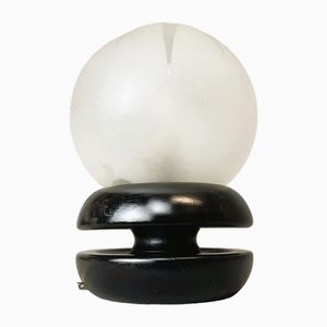 Small Portuguese Lacquered Black Wooden Table Lamp with Frosted Glass Globe Lampshade