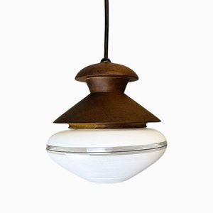 Small Mid-Century Modern Portuguese Wood and Glass Hanging Lamp