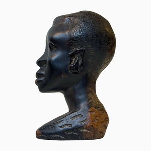 Vintage African Carved Bust in Black Wood, 1960s