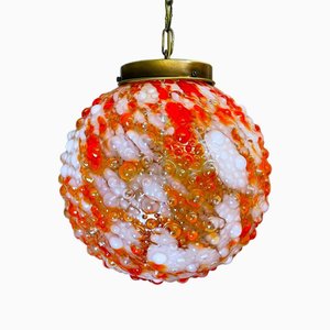 Large Portuguese Red Splatter Bubble Glass Hanging Lamp attributed to Marinha Grande, 1960s