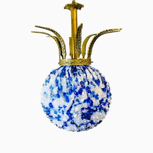 Lustre en Verre Géant Bleu avec Couronne en Bronze