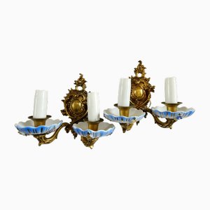 French Ornate Wall Sconces in Bronze and Blue Limoges Porcelain, 1930s, Set of 2