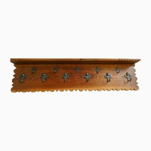 Large French Wall Rack with 11 Brass Hooks, 1960s