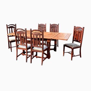 Antiker ausziehbarer Tisch & Stühle aus Eiche, 7 . Set