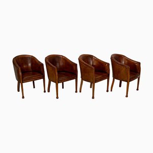 Niederländische Cognac Leder Clubsessel im Art Deco Stil, 4 . Set