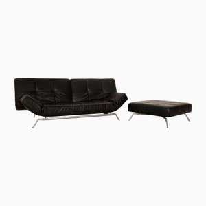 Canapé 3 Places et Pouf Smala en Cuir Noir de Ligne Roset, Set de 2