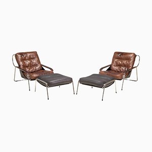 Leather Maggiolina Lounge Chairs & Footstools attributed to Marco Zanuso for Zanotta, Set of 4