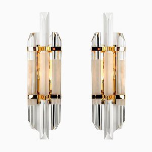 Clear Gold Glass & Brass Sconces in the style of Venini, 1970, Set of 2
