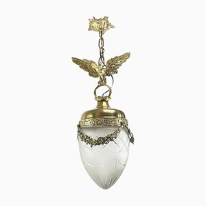 Art Nouveau Teardrop-Shaped Pendant Lamp in Bronze with Eagle, 1900s