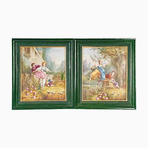 Bigotto, Scene figurative, Fine XIX secolo, Dipinti su porcellana, Con cornice, set di 2