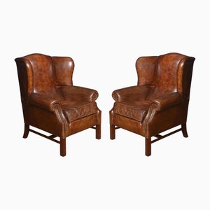 Fauteuils à Oreilles en Cuir Marron, 1890s, Set de 2