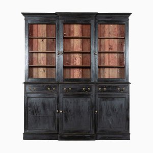 Large English Ebonised Mahogany Glazed Breakfront Bookcase, 1940s