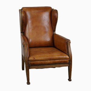 Cow Leather Wingback Chair with Wooden Details