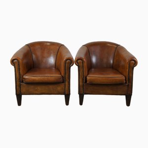 Vintage Brown Leather Club Chairs, Set of 2