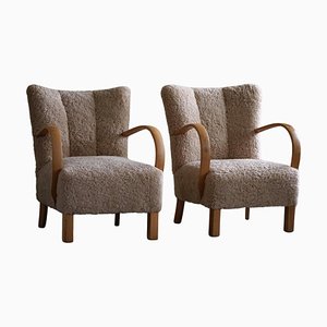 Mid-Century Danish Modern Lounge Chairs in Beech & Lambswool, 1940s, Set of 2