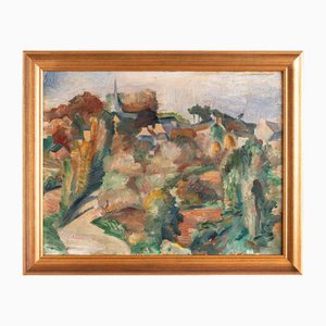 French School, Landscape with Church, Oil Painting on Canvas, Early 20th Century, Framed