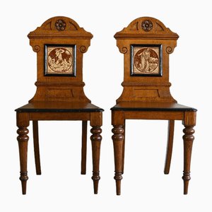 Victorian Oak Hall Chairs with Moyr Smith Tiles, Set of 2