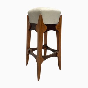 Tabouret Mid-Century en Bois avec Assise en Velours, Italie, 1950s