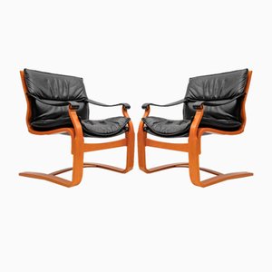 Set of Leather Armchairs by Åke Freelskter for Nelo Kroken, Sweden, 1960s