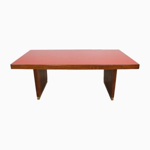 Table in Oak, Brass and Red Laminate by Gio Ponti, Italy, 1950s