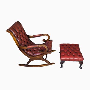 Chesterfield Slipper Rocking Chair and Footstool in Ox Blood Leather, Set of 2