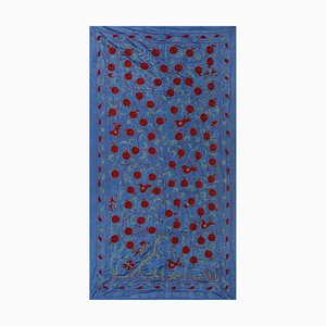 Suzani Tapestry in Blue Silk with Pomegranate Decor