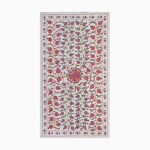 Uzbek Suzani Tapestry in White Silk with Floral Embroidery