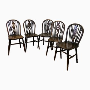 Victorian Beech & Elm Wheel Back Windsor Kitchen Dining Chairs, Set of 5