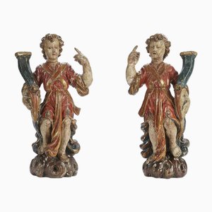 Anges Porteurs Sculptés Laqués et Dorés, 1600, Set de 2