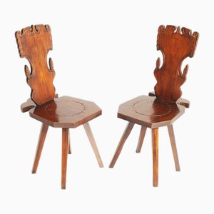 Set of Antique Tyrolean Chairs in Hand-Carved Walnut, 1900s