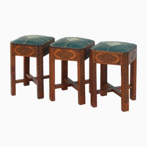 Tabouret Stools Hand Carved Wood and Embroidered Leather, 1950s, Set of 3