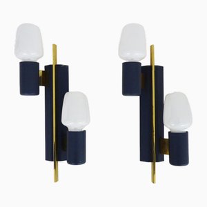 Vintage Navy Blue and Golden Brass Wall Lights, 1960s, Set of 2