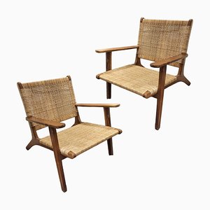Vintage Spanish Low Teak and Rattan Lounge Chairs, Set of 2
