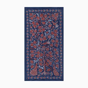 Suzani Tapestry in Blue Silk with Pomegranates Decor